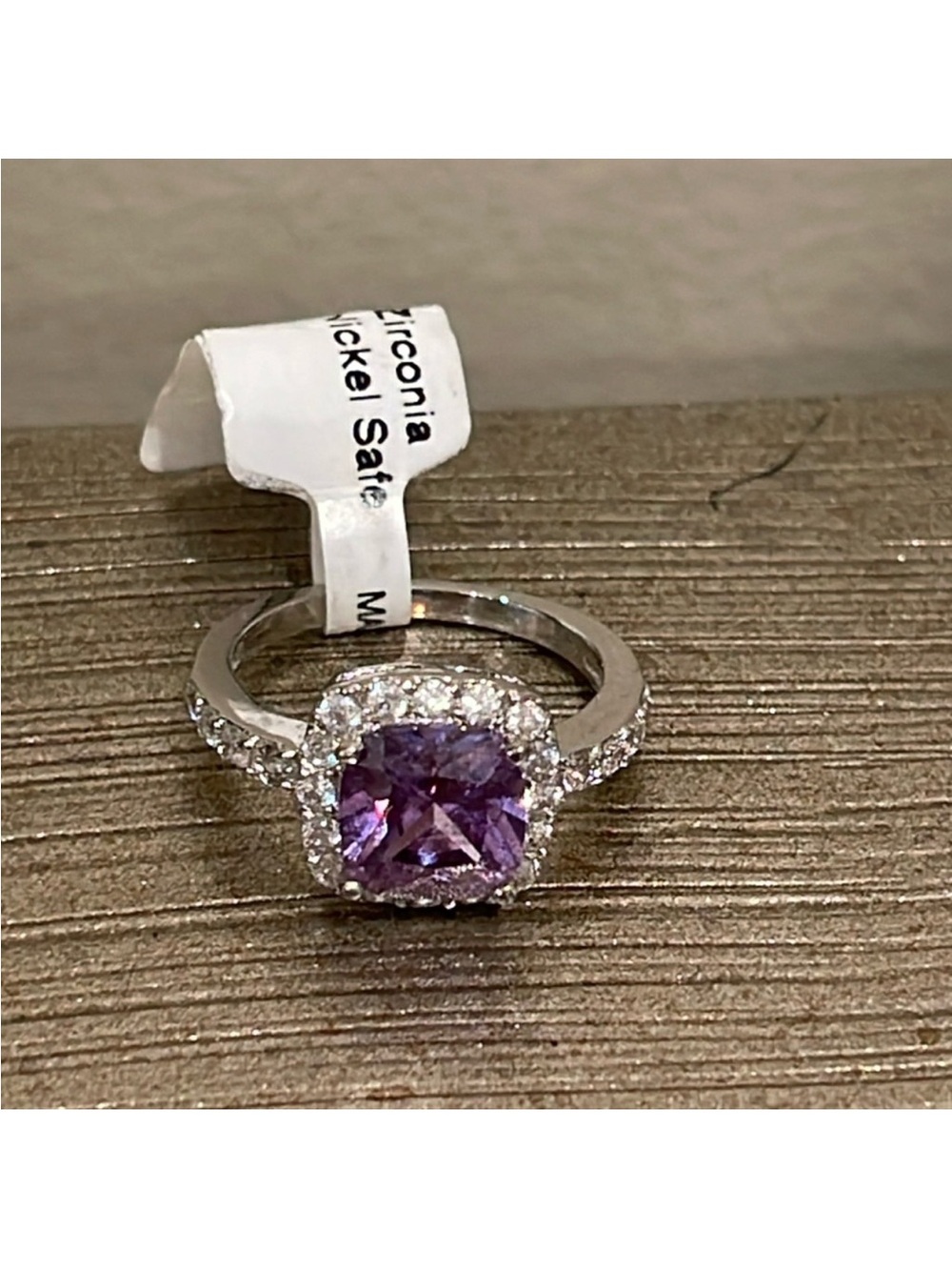 Sterling-Style Silver Ring with Purple Cushion Halo Center size 6